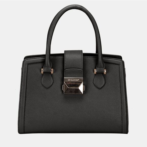 David Jones PU Leather Handbag Elegant Black Shiny Buckle Medium Square Purse - Picture 1 of 3